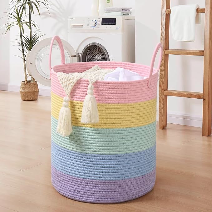 Laundry Hamper for Organizing, 52L Large Laundry Baskets, Cotton Rope Woven Blanket Basket, Collapsible Laundry Hamper for Living Room, Nursery, 15"×18", Light Rainbow