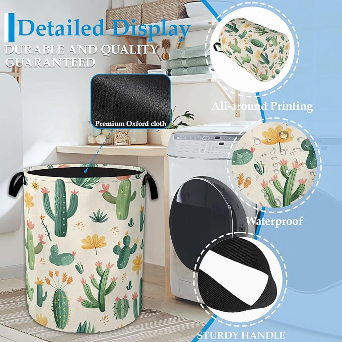 Groovy Cactus Flower Laundry Basket Collapsible Laundry Hamper, Oxford Cloth Storage Bin for Room/Bathroom/Bedroom/Dormitories 16" X 20.8"
