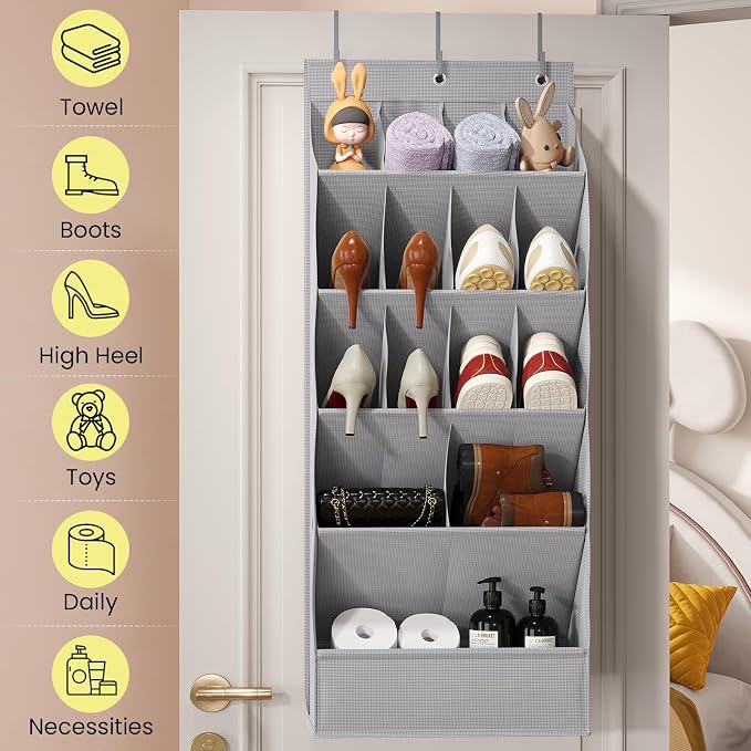 Mefirt Over the Door Shoe Rack for Closet Fit 18+ Pairs, Door Shoe Organizer with Large Breathable Pockets, Hanging Shoes Rack Fit Boots, Behind the Door Shoe Holder for Categorized Storage, Grey ﻿
