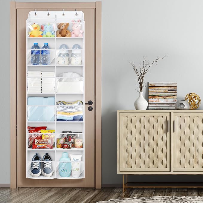 Univivi Over the Door Organizer, 6 Tiers Behind Door Storage with Clear Deep Pockets Hanging Organizer for Closet, Bedroom, Nursery, Bathroom and Sundries (White)