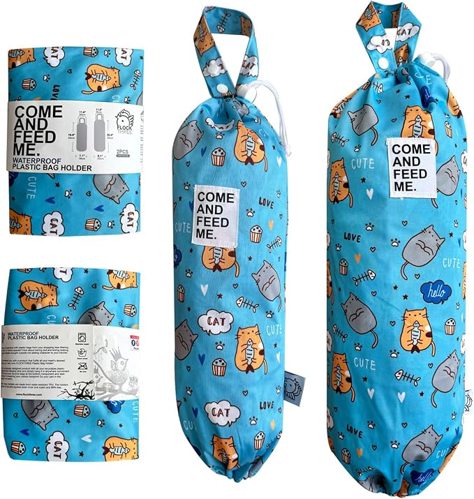 Waterproof Plastic Bag Holder Grocery Shopping Carrier Storage Kitchen Travel Camp Carrier Dispenser 2 Pack (Cute Cats)