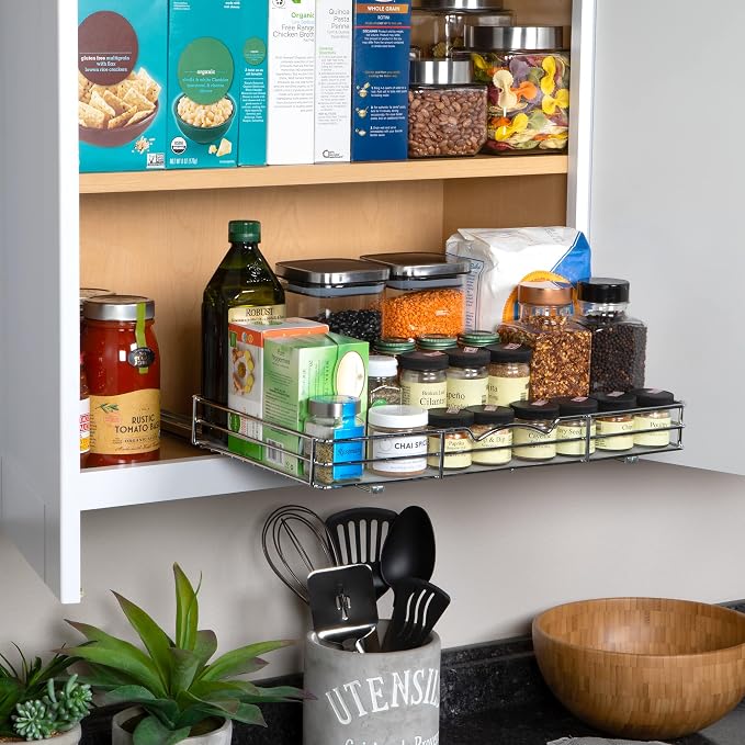 Pull-Out Cabinet Spice Rack Organizer, 18 ⅜"W x 10 ½"D x 2 ¾"H | Slim Slide-Out Storage for Spices, Bottles & Jars, Premium Heavy-Duty Steel, Easy Install for Narrow Kitchen Cabinets, Chrome