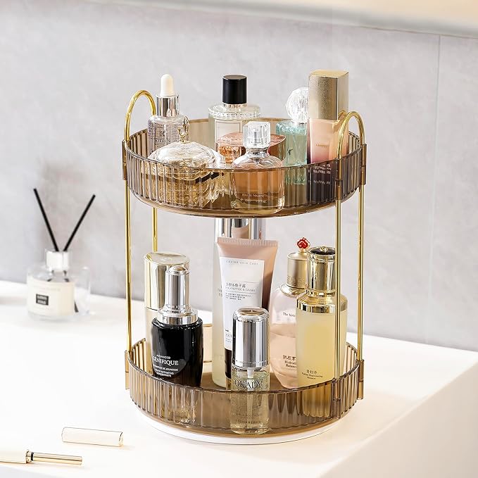 Aveniee 360 Rotating Makeup Organizer for Vanity, Perfume Sincare Organizers Bathroom Countertop Storage, Clear Cosmetics Lipstick Holder for Dresser,2 Tiers, Brown