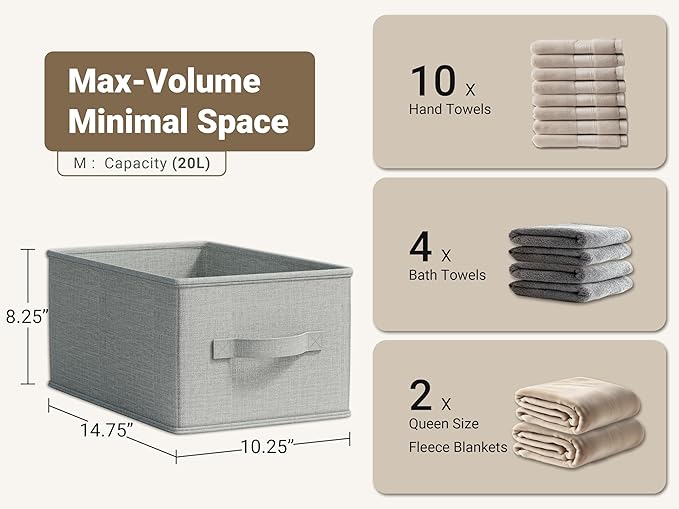 LayerSpace 3 Pack Fabric Storage Bins for Shelves | 14.75x10.25x8.25 in Storage Baskets | Fabric Closet Organizers with Handles Home Organization | Linen Clothes Storage Bins | Light Gray