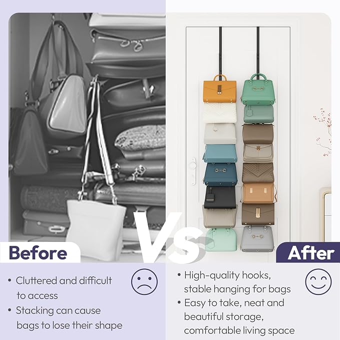 SWTYMIKI Over The Door Purse Organizer - 2 Packs Wall Mounted Purse Rack with 8 Hooks Design, Hanging Handbag Organizer Storage Holds up to 16 Bags, Bag Rack for Closet, Door (Black)