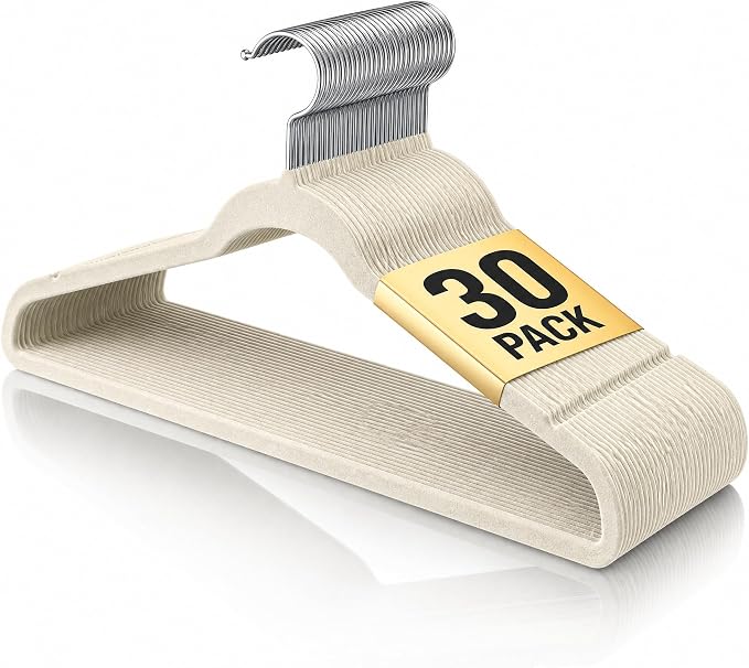 Velvet Hangers 30 Pack, 17.5 Inches Wide Large Size, Heavy Duty Non-Slip Slim Clothes Hangers for Pants, Coats, Skirts, Jeans, Sweaters and More, Nylon-Flocked, Ivory