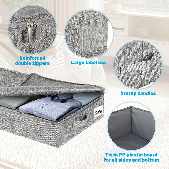 Under Bed Storage Container Bins 2 Pack, 4 Inch Thin Low Profile Underbed Clothes Storage Organizer for Dorm & Home, Use for Blanket and Toy Storage Box W/ Sturdy Bottom/Sides, Foldable Thick Fabric