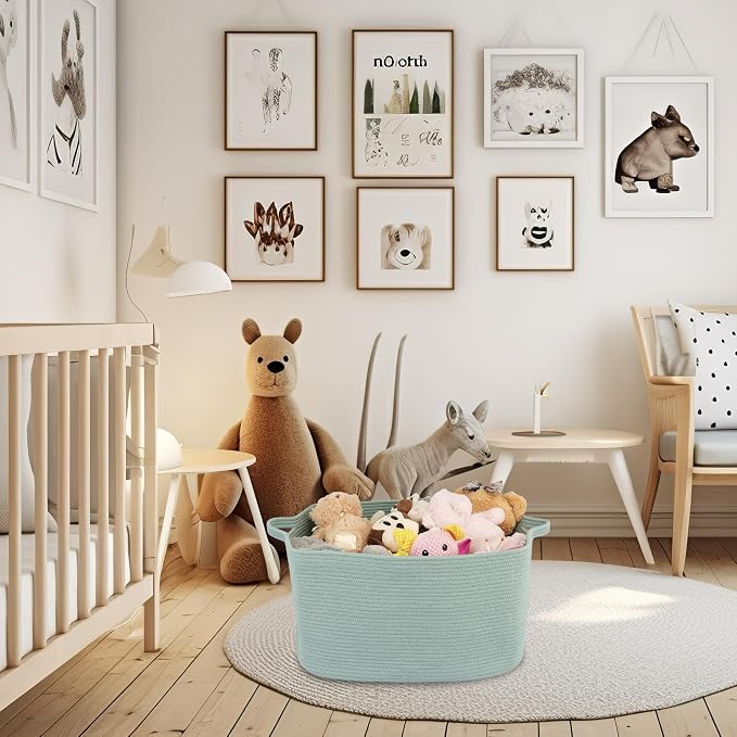 XUANGUO Large Rectangle Blankets Basket Living Room 22"x17"x12" Woven Cotton Rope Storage Baskets for Nursery Toy Baskets for Kids and Dogs Wicker Laundry Basket Bin for Clothes Towels green