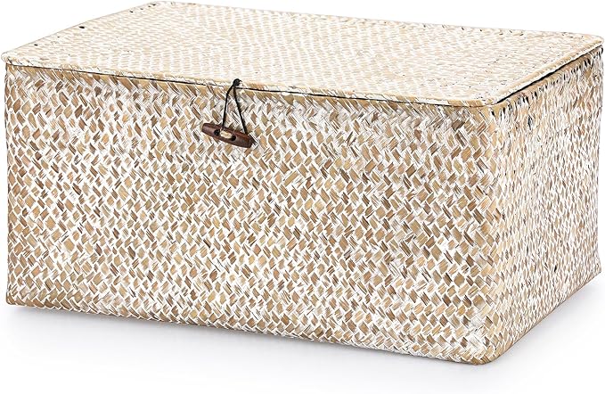 Hipiwe Wicker Woven Baskets Bin with Lid Natural Seagrass Basket Storage Bin Rectangular Household Basket for Shelf Wardrobe Home Decor, Whitewash, X-Large