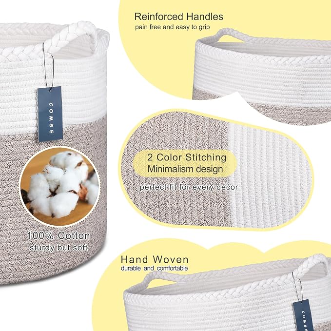 COMSE Extra Large Blanket Basket, Woven Laundry Basket, 21.7”x 13.8”, Nursery Hamper, Cotton Rope Laundry Hamper Living Room for Storage Toys Clothes Towels (White & Light Brown)