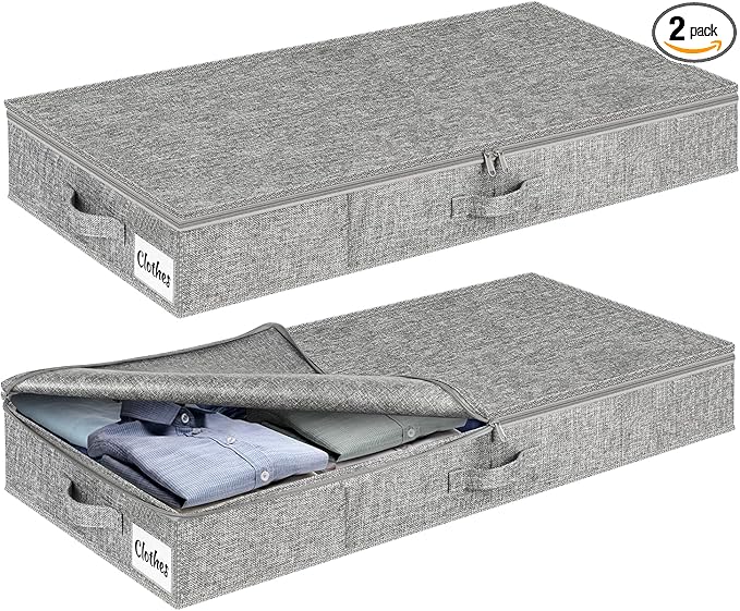 Under Bed Storage Container Bins 2 Pack, 4 Inch Thin Low Profile Underbed Clothes Storage Organizer for Dorm & Home, Use for Blanket and Toy Storage Box W/ Sturdy Bottom/Sides, Foldable Thick Fabric