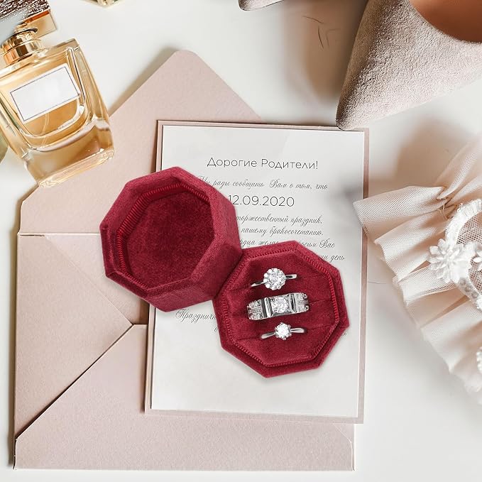WantGor Velvet Ring Box, 3 Slots Jewelry Ring Gift Box Vintage Ring Holder | Ring Display Case for Wedding Ceremony Proposal Engagement (Burgundy)