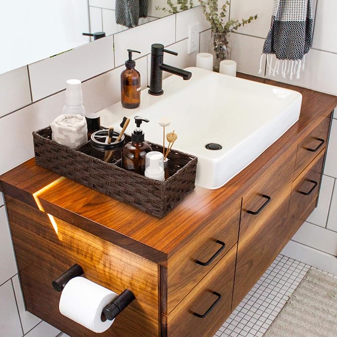 [Larger Compartments] Toilet Tank Topper Paper Basket - Multiuse Hand Woven Plastic Wicker Basket with Divider for Organizing, Rustic Farmhouse Bathroom Decor, Countertop Organizer Storage, Brown
