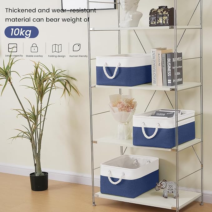 Large Storage Baskets- 15.7x11.8x8.26 inch Storage Bins for Shelves and Closet Organizing, Foldable Fabric Bin for Home Organization Clothes and Laundry (3-Pack, White&Blue)