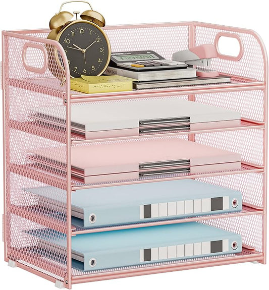 5-Tier Stackable Paper Organizer with Handle, Pink Metal Mesh Letter Tray | Stylish Desk File Sorter for Office, Home & Classroom Supplies