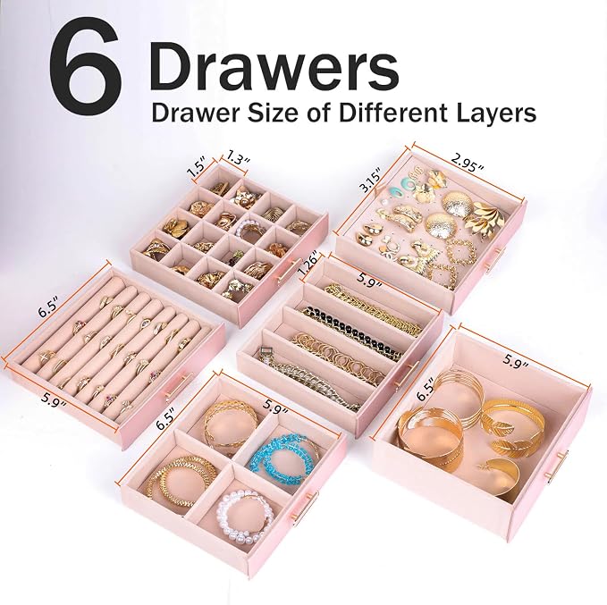 BOOVO Clear Lid Jewelry Box,6 Layers Jewelry Organizer Large Jewelry Storage Box with 6 Drawers,Jewelry Holder Organzier of Rings Earrings Necklace Bracelets for Women (Rose Gold, 6 Layer)