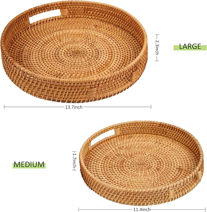 Round Rattan Serving Tray with Handles, Hand Woven Basket, Home Decor Organizer Tray for Breakfast, Tea, Snack, Fruit, Coffee,Storage (Medium)(11.9inchX1.7inch)