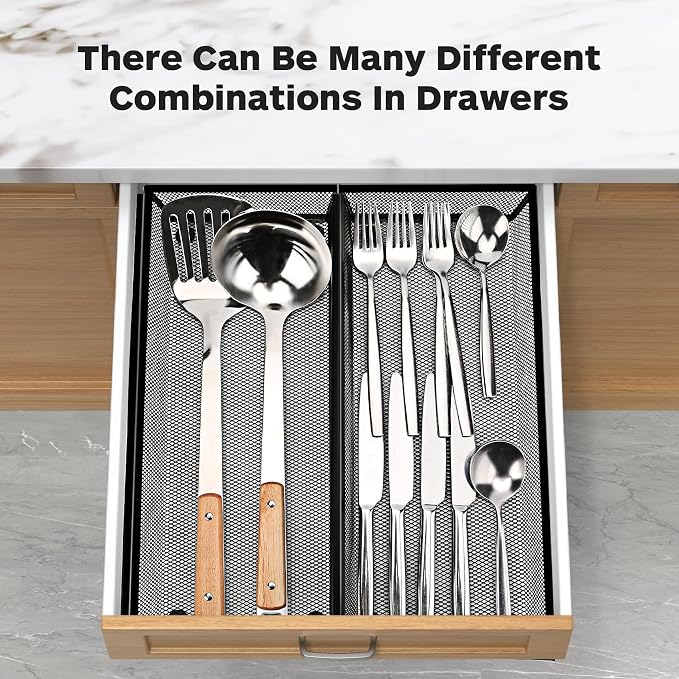 Smgmg Silverware Drawer Organizer, Silverware Organizer for Drawer, 2 Pack 14.7" X 6.1" X 2" Utensil Organizer for Kitchen Drawers, Kitchen Drawer Organizer for Large Utensils with Interlocking Arm