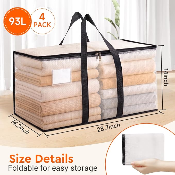 BlissTotes Moving Bags, 93L 4-Pack Storage Bags, Moving Box Heavy Duty Extra Large, Moving Totes with Zipper, Large Packing Bag with Reinforced Handles, Boxes for Packaging Moving