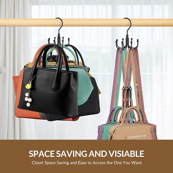 ZEDODIER Purse Hanger Organizer for Closet, Rotatable Sturdy Purses Holder Holds 8 Bags, Metal Space Saving Closet Organizers and Storage, Black