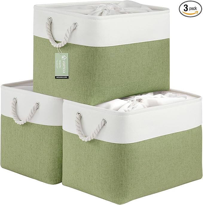 Large Storage Baskets- 16x12x12 inch Storage Bins for Shelves and Closet Organizing, Foldable Fabric Bin for Home Organization Clothes and Laundry (3-Pack, White&Green)