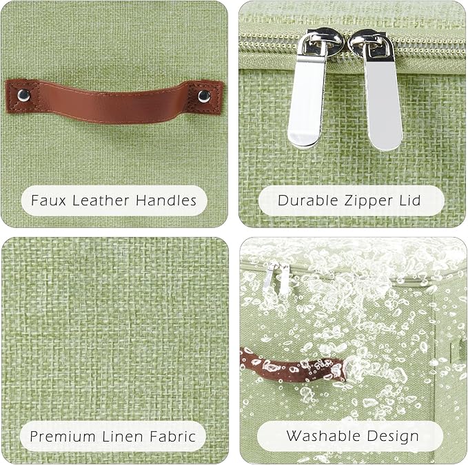 2 Pack Storage Bins with Zipper Lid Cotton Linen Fabric Lidded Storage Baskets Boxes Foldable Washable Closet Shelf Clothes Organizer Container with PU Leather Handles (Green, Small Size)