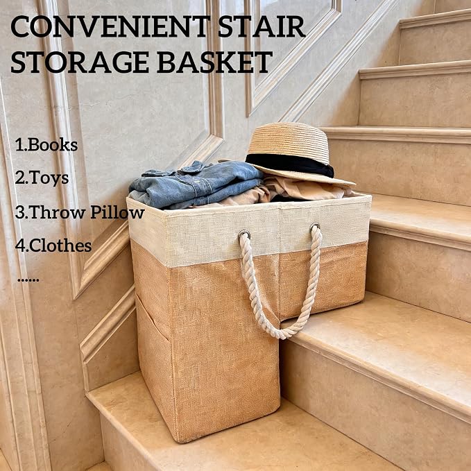 Stair basket,Foldable staircase baskets,Step stairs storage baskets with handle,1pcs apricot