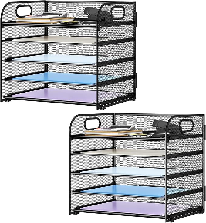 Paper Organizer Letter Tray with Handle Mesh 5 Trays Desk File Organizer Paper Sorter Desk Organizer for Office, Home or School-Black 2 Pack