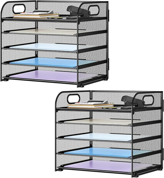 Paper Organizer Letter Tray with Handle Mesh 5 Trays Desk File Organizer Paper Sorter Desk Organizer for Office, Home or School-Black 2 Pack