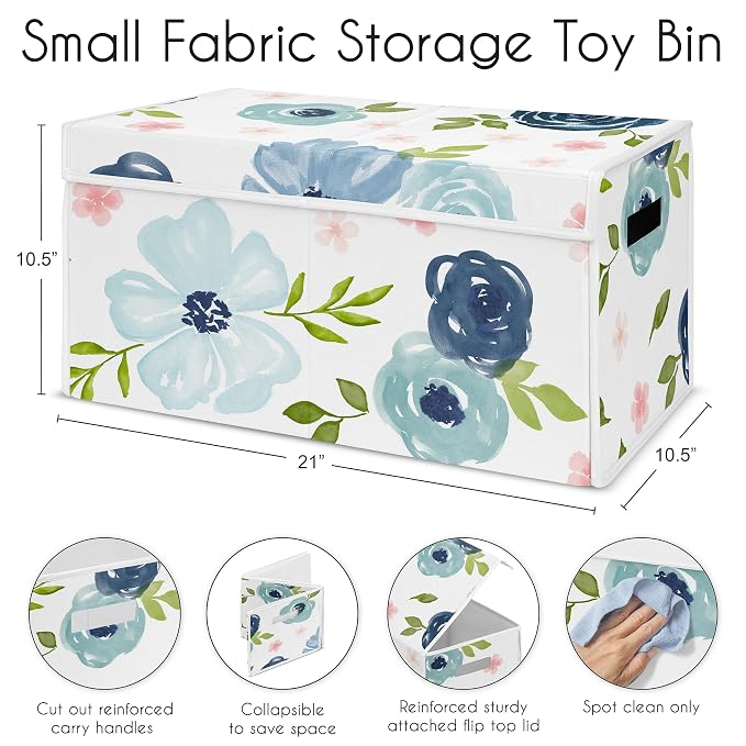 Sweet Jojo Designs Navy Blue Watercolor Floral Girl Small Fabric Toy Bin Storage Box Chest For Baby Nursery or Kids Room - Blush Pink, Green and White Shabby Chic Rose Flower