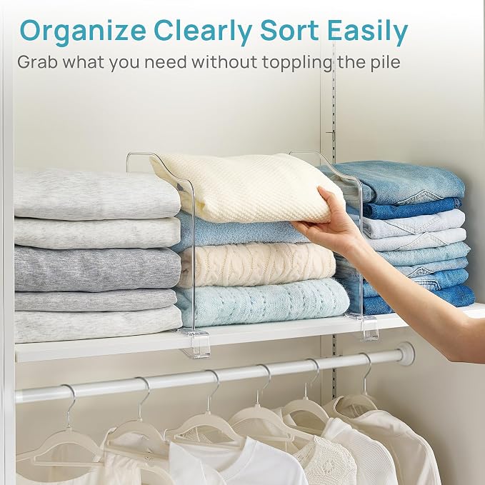 Vtopmart 12" Extra Tall x 12" Deep Shelf Dividers for Closet Organization, 4 Pack Clear Closet Organizers for Deep Shelves, Maximizing Vertical Space for Sweaters, Jeans and Clothes Storage