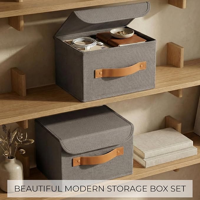 Decorative Linen Storage Boxes with Lids - Spacious Set of 2 Organizer Bins for Your Home Decor - The Perfect Small Container to Safely Store Photos, Documents and Memory Box Keepsakes in Style