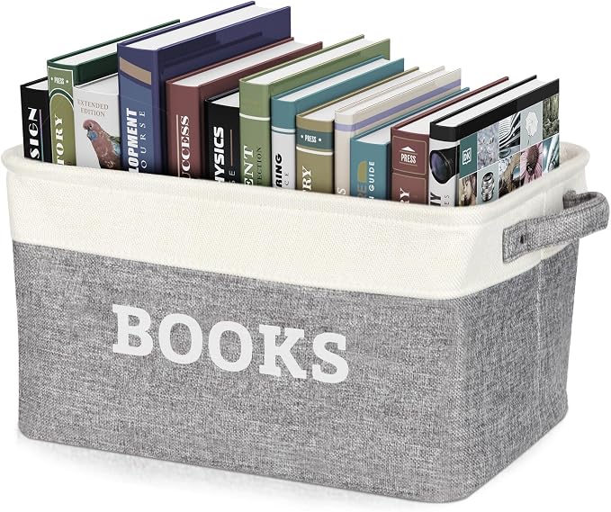 Lukeline Book Storage Baskets for Organizing, 15.5 x 11.6 x 9.4 Storage Basket for Books Cookbook and Recipe, Collapsible Storage Bin, Decorative Baskets for Home, Shelves, Classroom (BOOKS)