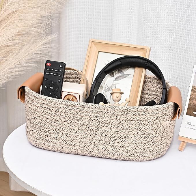 Storage Baskets for Organizing, Small Woven Basket Set of 6-4 Shelf Basket with Leather Handle and 2 Small Gift Baskets, Cotton Rope Basket for Shelves, Nursery, Dog Toy, Bathroom