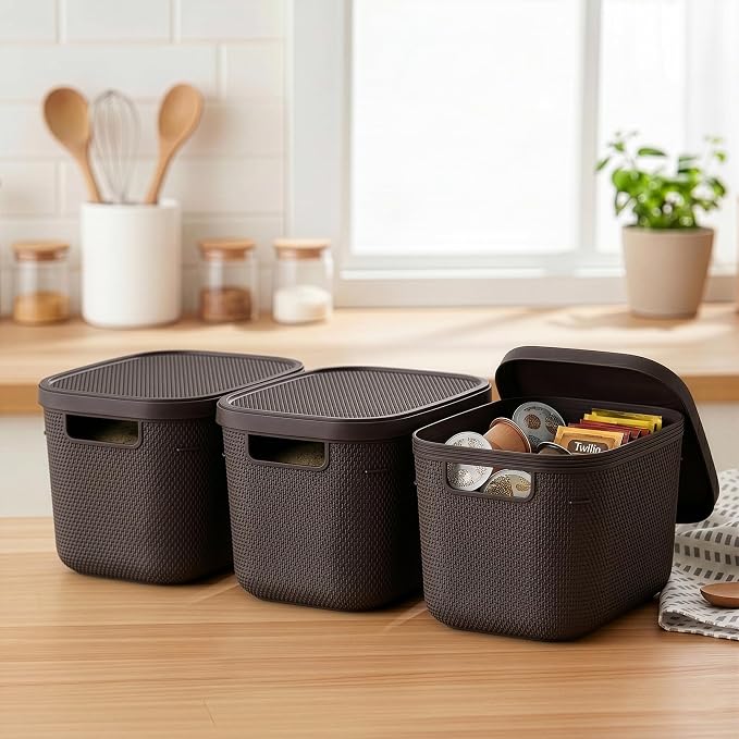 BINO | Plastic Storage Bins with Lids, 5.5 Liter - 3 Pack, Dark Brown | THE TWILL COLLECTION | Plastic Bins for Organization | Woven Storage Baskets for Organizing | Pantry Shelf Organizer Basket Bin
