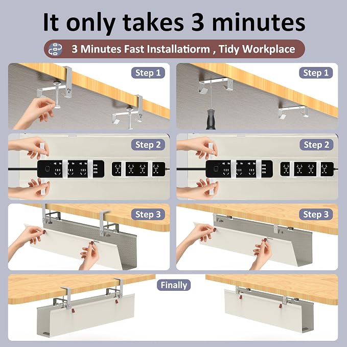 36" Under Desk Cable Management Tray for Home Office, No Drill Cord Organizer for Glass & Wood Table, Anti-Sag Oxford Fabric Wire Management Hider, Fits Surge Protector (Beige, 35.8")