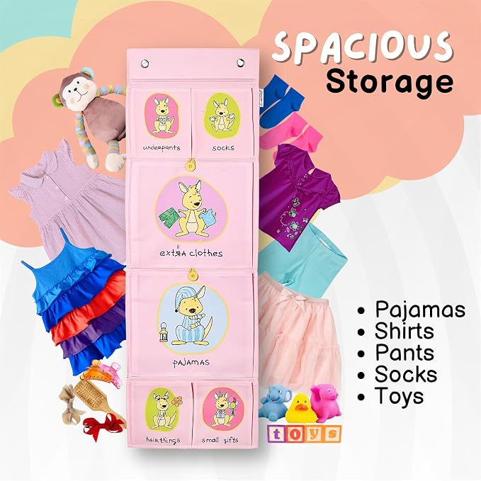Room Hanging Storage Organizer, Fun & Colorful Storage & Organization for Clothes, Toys, & More. Wall & Door Attachable, Water-Resistant. Ideal for Kids' Room, Locker Kindergarten or Playroom (Pink)