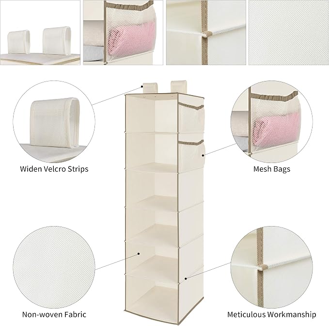 MAX Houser 6 Tier Shelf Hanging Closet Organizer, Closet Hanging Shelf with 2 Widen Straps for Storage, Foldable (Beige2) | Shelf