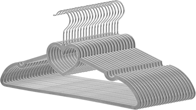 Velvet Hangers 20 Pack,16 Inch Non Slip Adult Heart Hanger (Grey) | 360° Swivel Hooks, Cascade Design, Space Saving