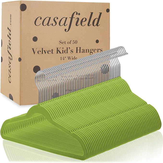 Casafield 50 Velvet Kid's Hangers - 14" Size for Children's Clothes - Lime Green