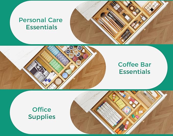 Bamboo Kitchen Drawer Organizer Set of 2, Stackable 15" x 6" Wood Silverware Utensil Tray for Drawers Bins, Cutlery & Flatware Storage – Wooden Boxes Organizers for Junk Drawer, Bathroom, RV