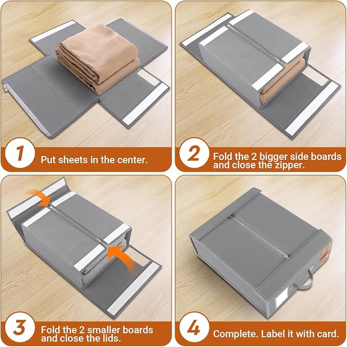 StorageTastic 6 Pack Bed Sheet Closet Organizers and Storage,Sturdy Foldable Storage Containers with Window and Label,Storage and Organization for Bedding Sheets,Duvet Covers,Blankets (Grey)