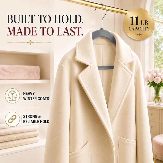 LDC Grey Velvet Hangers 50 Pack - Premium Non-Slip Clothes Coat Pants Felt Hanger for Closet - Heavy Duty Space Saving 360° Swivel Hook Hangars - Grey