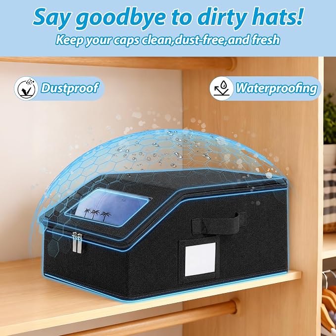 Hat Storage for Caps, 2-Pack Stackable Hat Organizer Boxes, Black | Sturdy snapback hat organizer holds up to 24 caps. Clear window design. Space-saving stackable storage box for closet.