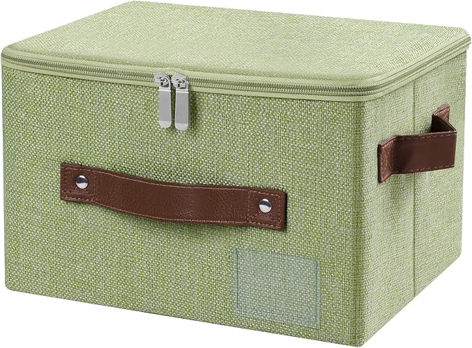 ANMINY Storage Bins with Zipper Lid Storage Boxes with Label Holder PU Leather Handles Washable Foldable Decorative Lidded Cotton Linen Fabric Cubes Baskets Closet Organizer - Green, Small