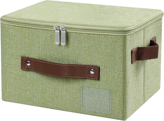 ANMINY Storage Bins with Zipper Lid Storage Boxes with Label Holder PU Leather Handles Washable Foldable Decorative Lidded Cotton Linen Fabric Cubes Baskets Closet Organizer - Green, Small
