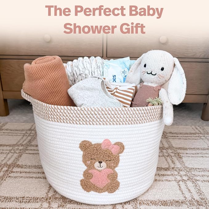 Pink Teddy Bear Storage Basket for Baby Girl Nursery – 15"x11" Cotton Rope Bin with Embroidered Bear Patch – Toy Organizer, Baby Laundry Hamper, Blanket & Diaper Holder – Foldable & Washable