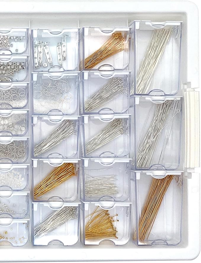 Bead Storage Solutions Elizabeth Ward Plastic See-Through Stackable 1,111 Piece Gold/Silver Assorted Costume Jewelry Findings Tray Bead Organizer