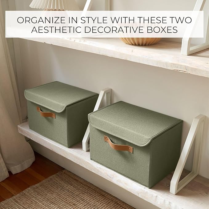 ZICOTO Decorative Linen Storage Boxes with Lids - Large Set of 2 Organizer Bins for Your Home Decor - The Perfect Container to Safely Store Photos, Documents and Memory Box Keepsakes in Style