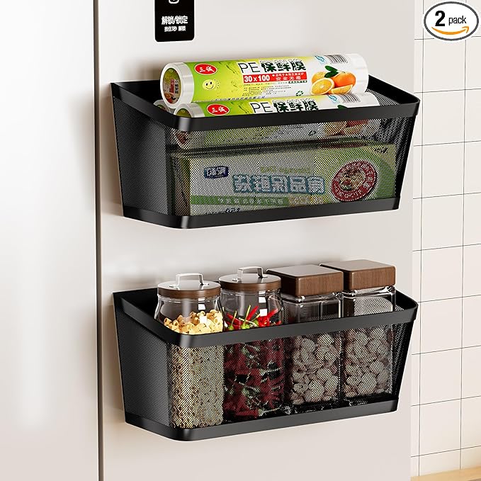 2Pcs Magnetic Spice Rack for Fridge Magnet Hanging Basket Holder for Seasonings Fruit Vegetables Coffee Beans Magnetic Organizer Shelf, Kitchen Refrigerator Organizers (Black - Extra Large)